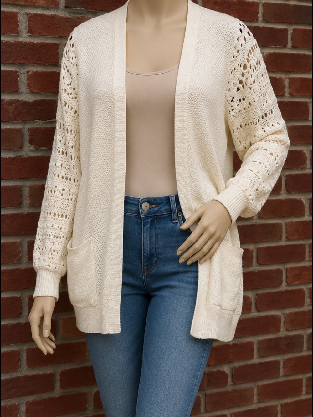 Nicole Cream Open-Front Cardigan with Crochet Sleeves